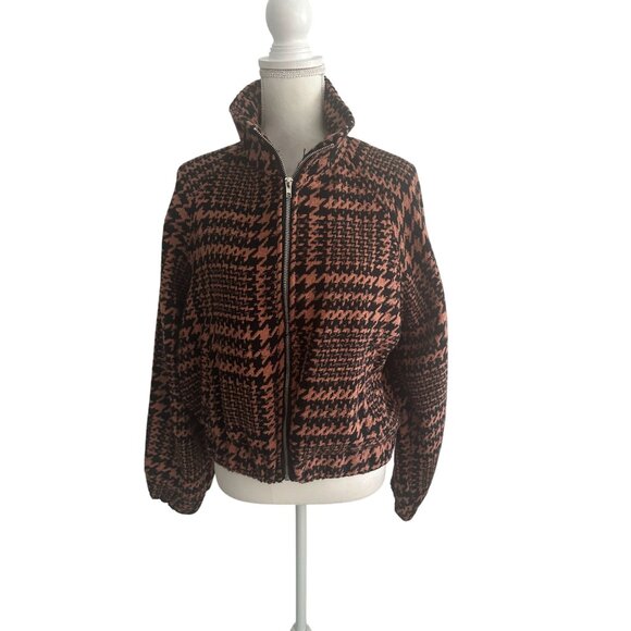 HYFVE Brown Black Houndstooth Bomber Jacket Coat Size Medium - Picture 2 of 6